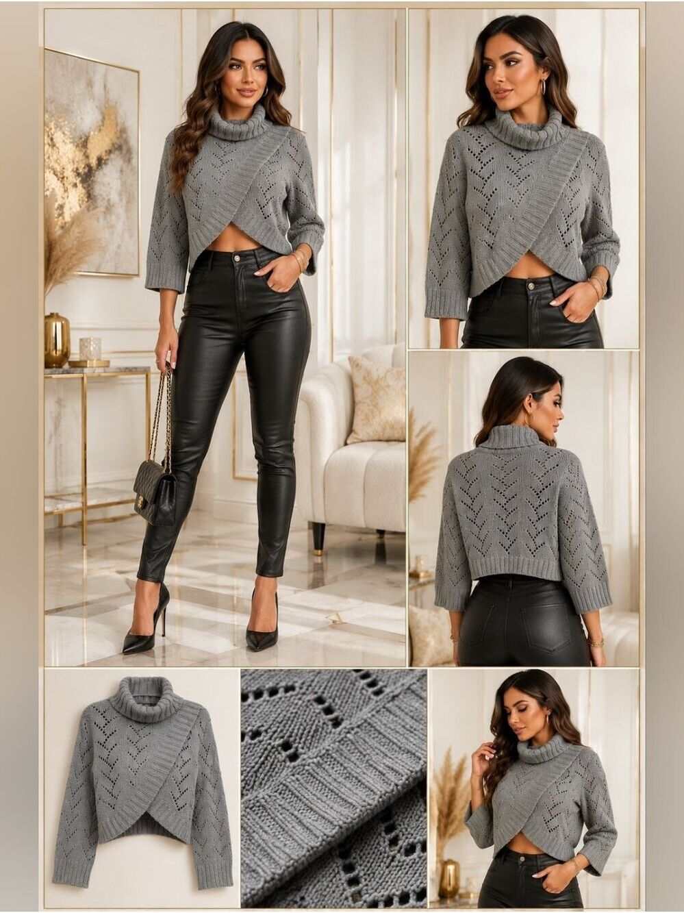 Bebe Gray Asymmetrical Chevron Knit Crop Sweater | Turtleneck | EUC